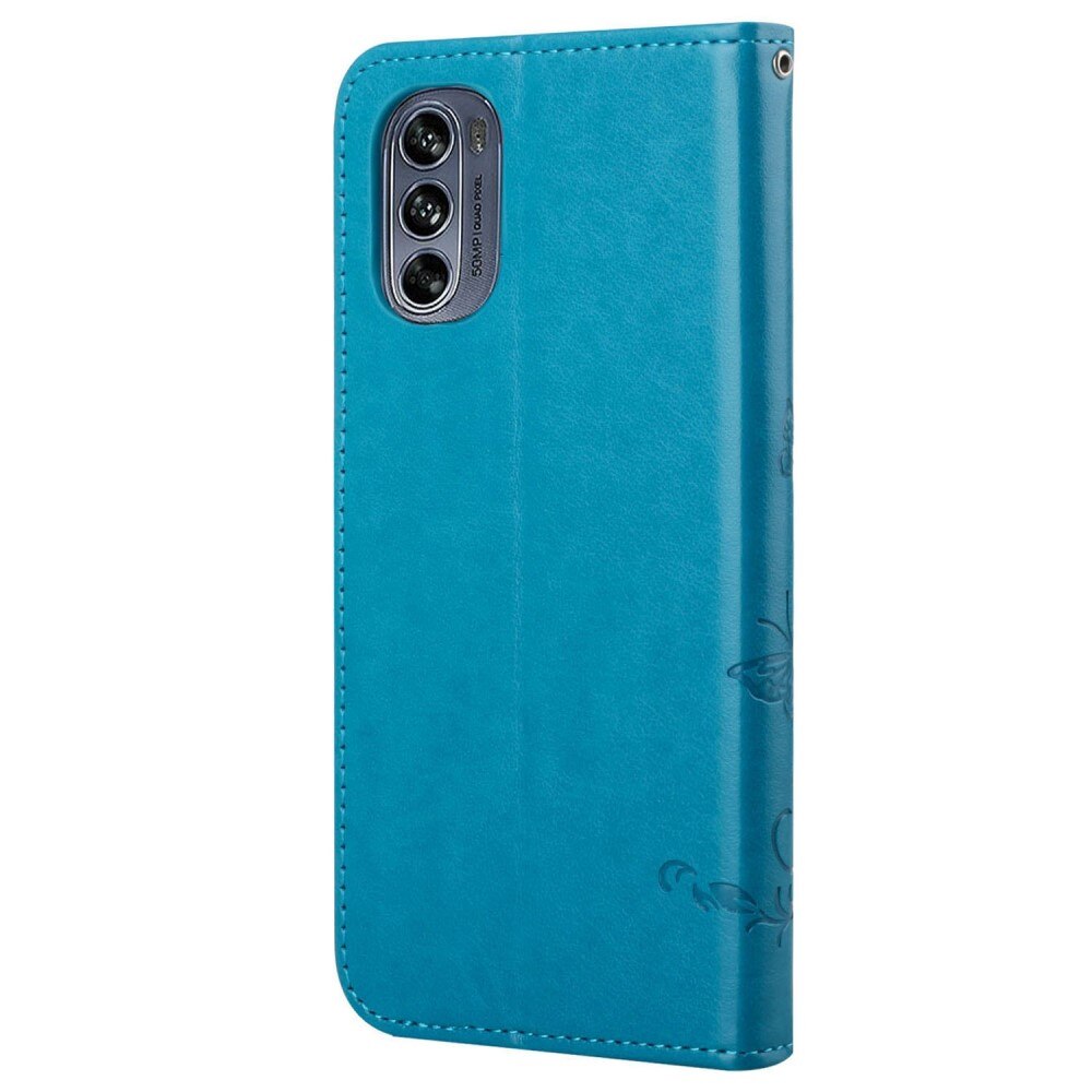 Funda de Cuero con Mariposas Motorola Moto G62, Azul
