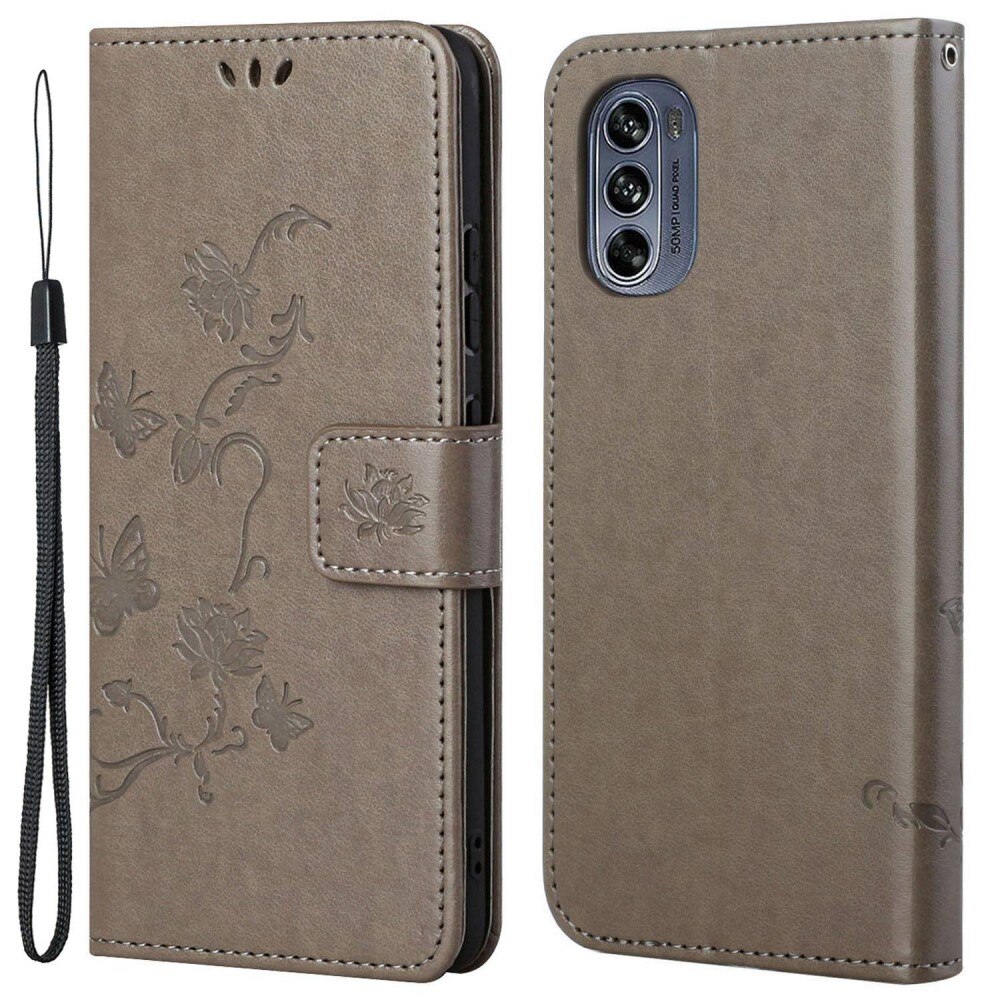 Funda de cuero con mariposas para Motorola Moto G62, gris