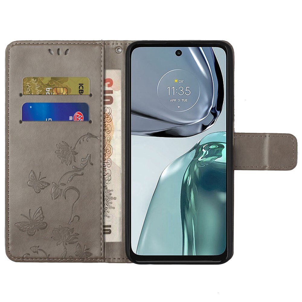 Funda de Cuero con Mariposas Motorola Moto G62, Gris