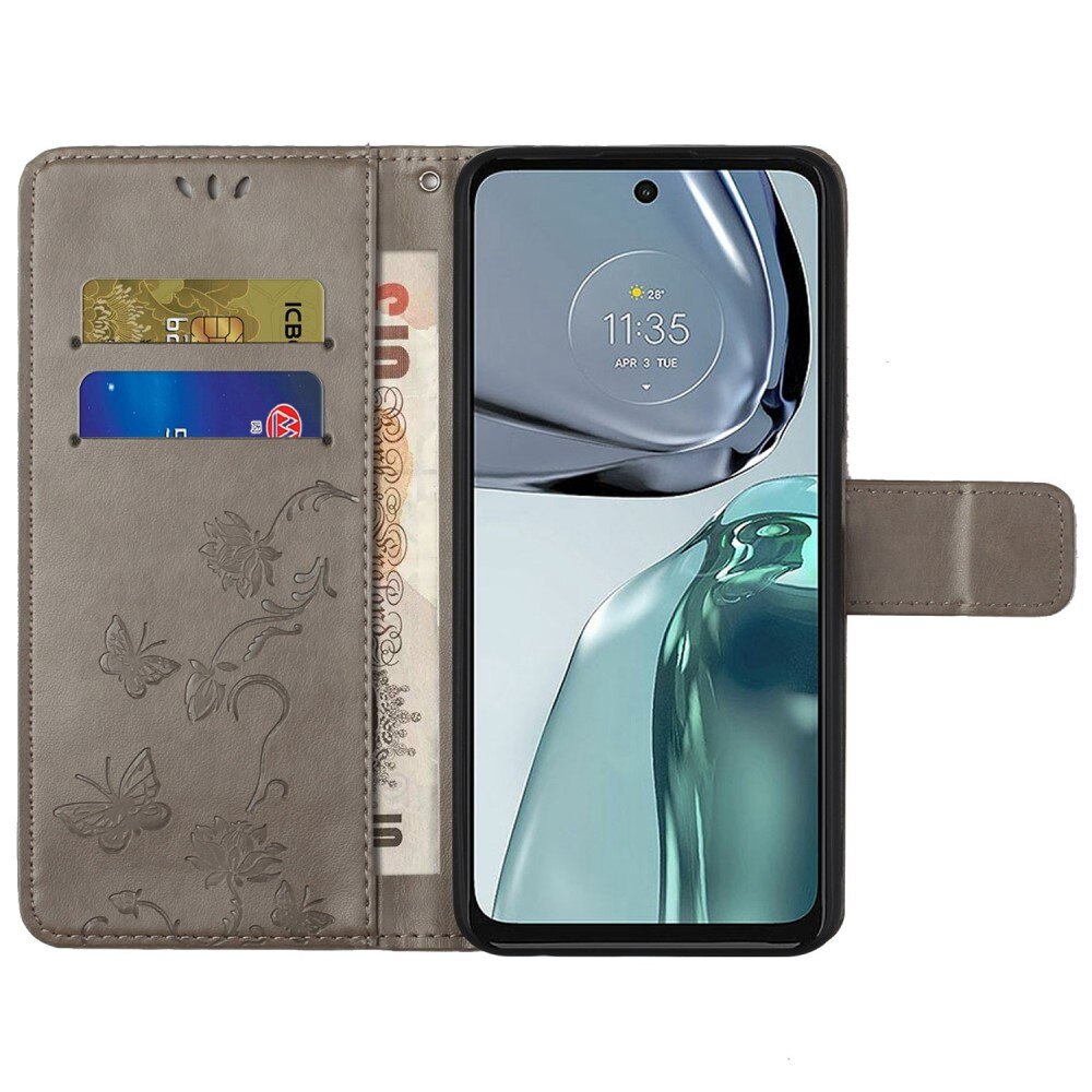 Funda de cuero con mariposas para Motorola Moto G62, gris