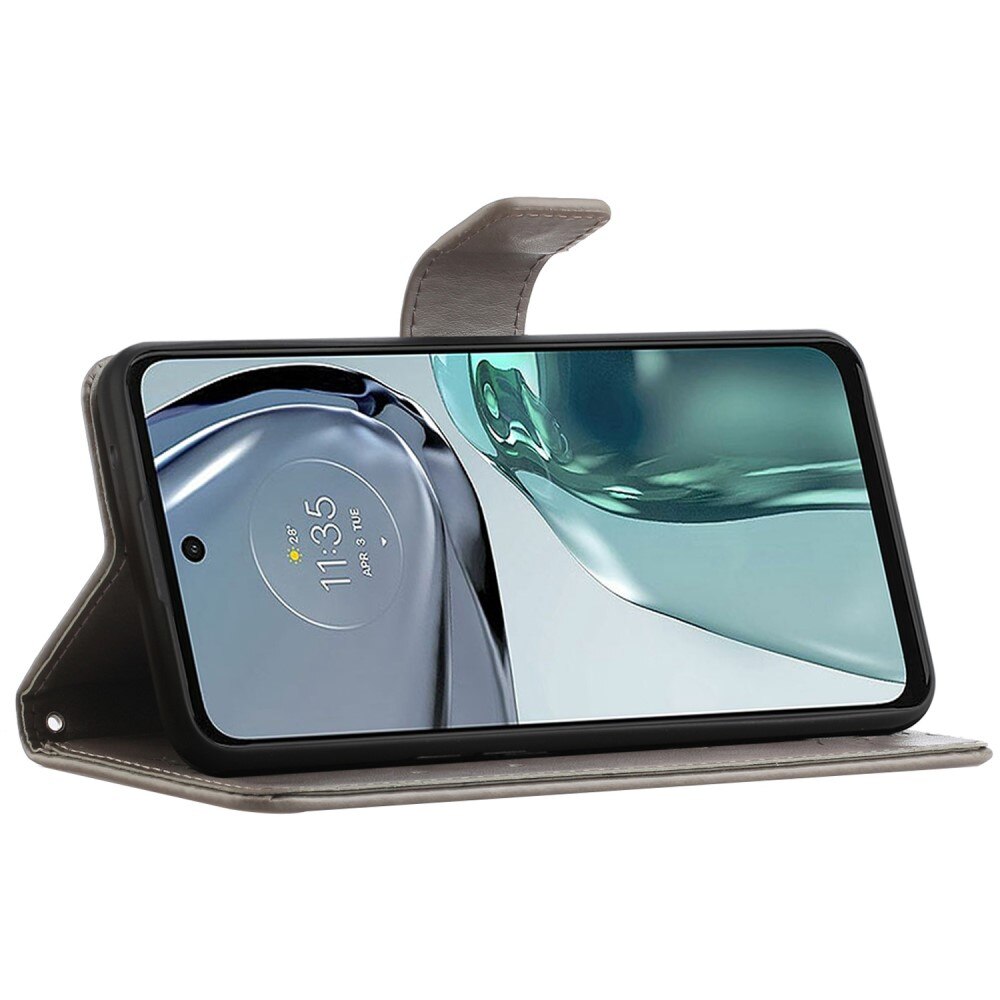 Funda de Cuero con Mariposas Motorola Moto G62, Gris