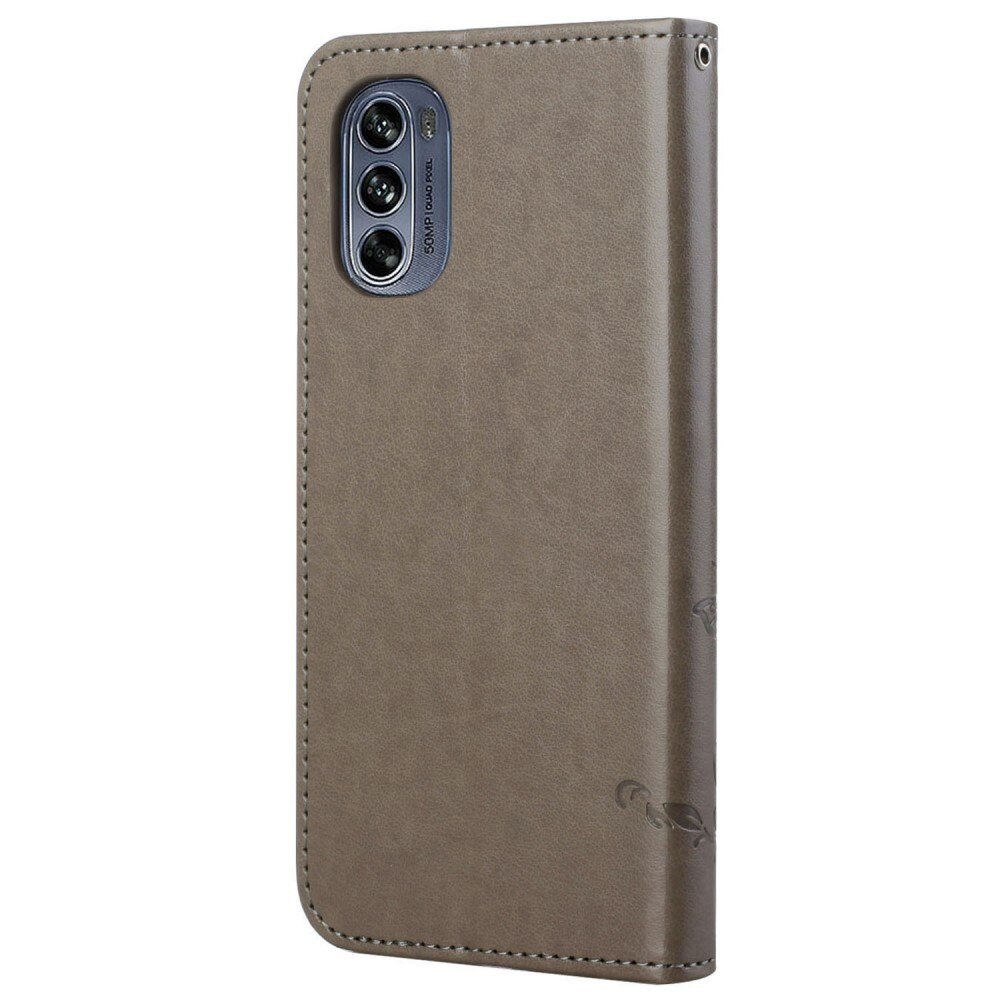 Funda de Cuero con Mariposas Motorola Moto G62, Gris