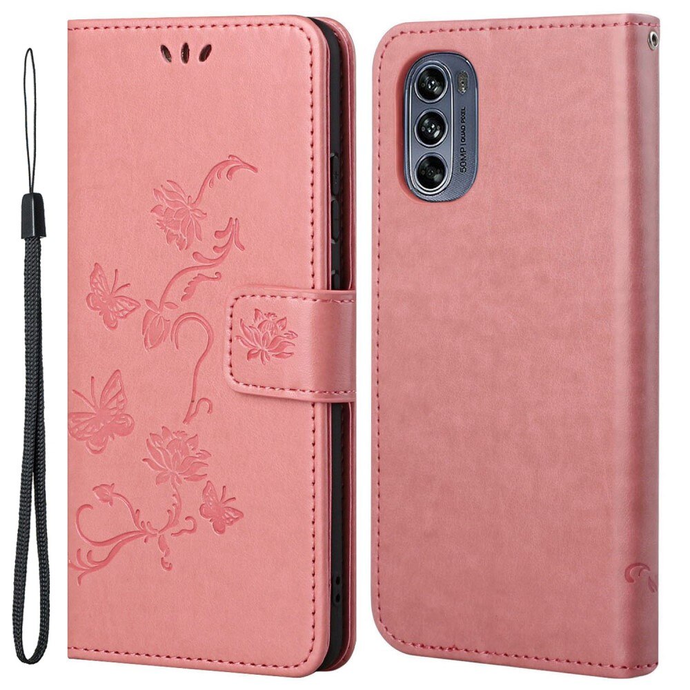 Funda de cuero con mariposas para Motorola Moto G62, rosado