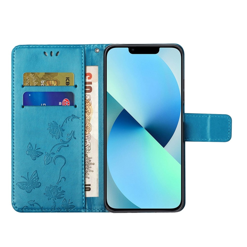 Funda de cuero con mariposas para iPhone 14, azul