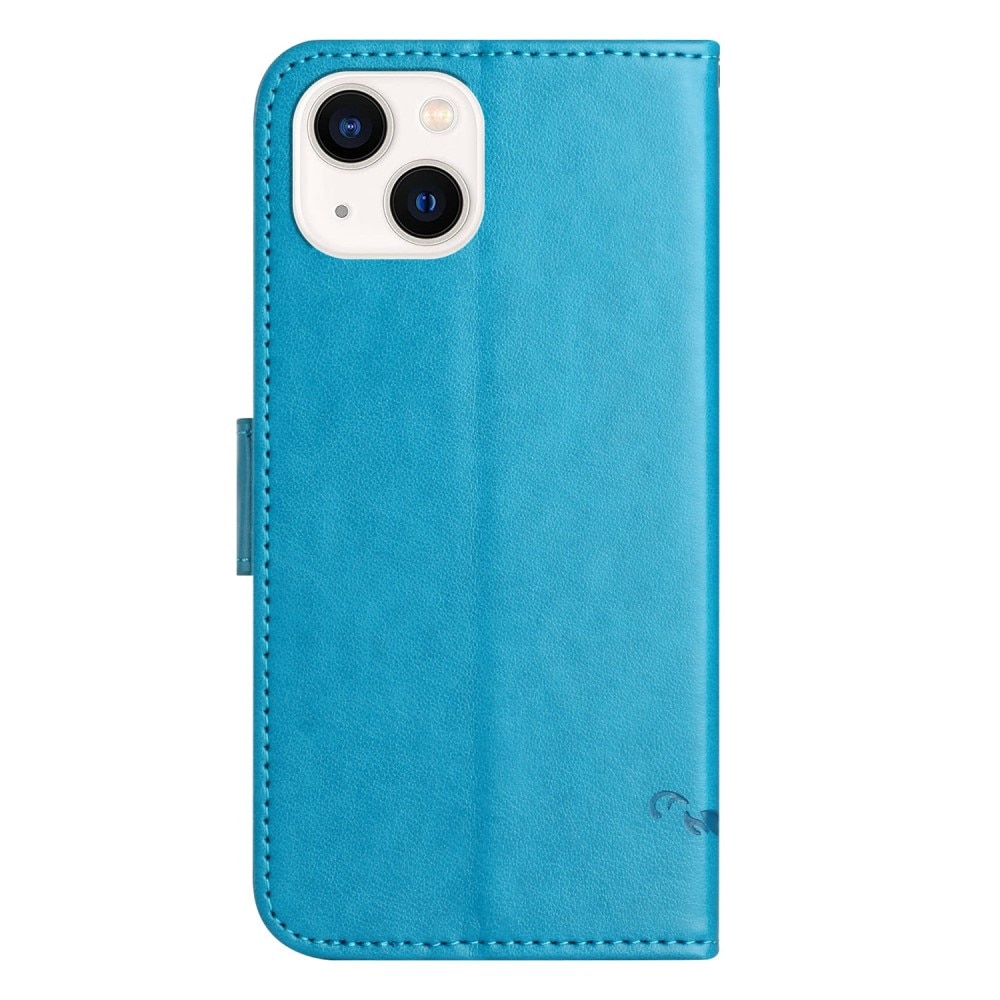 Funda de cuero con mariposas para iPhone 14, azul