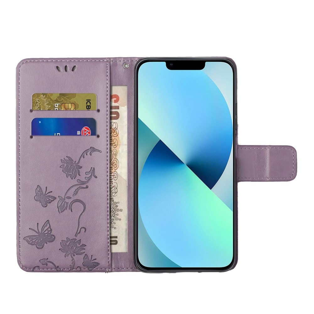 Funda de Cuero con Mariposas iPhone 14, Púrpura
