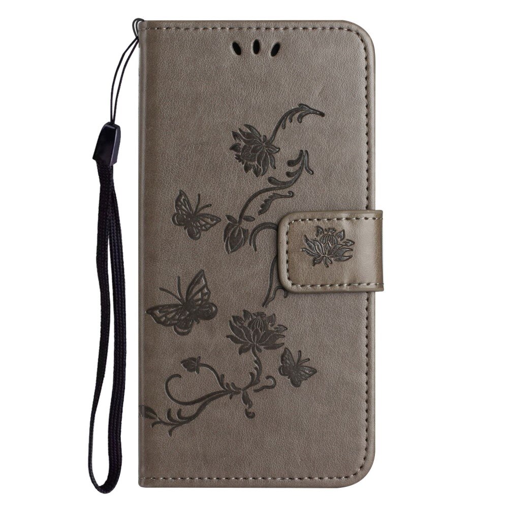 Funda de cuero con mariposas para iPhone 14, gris