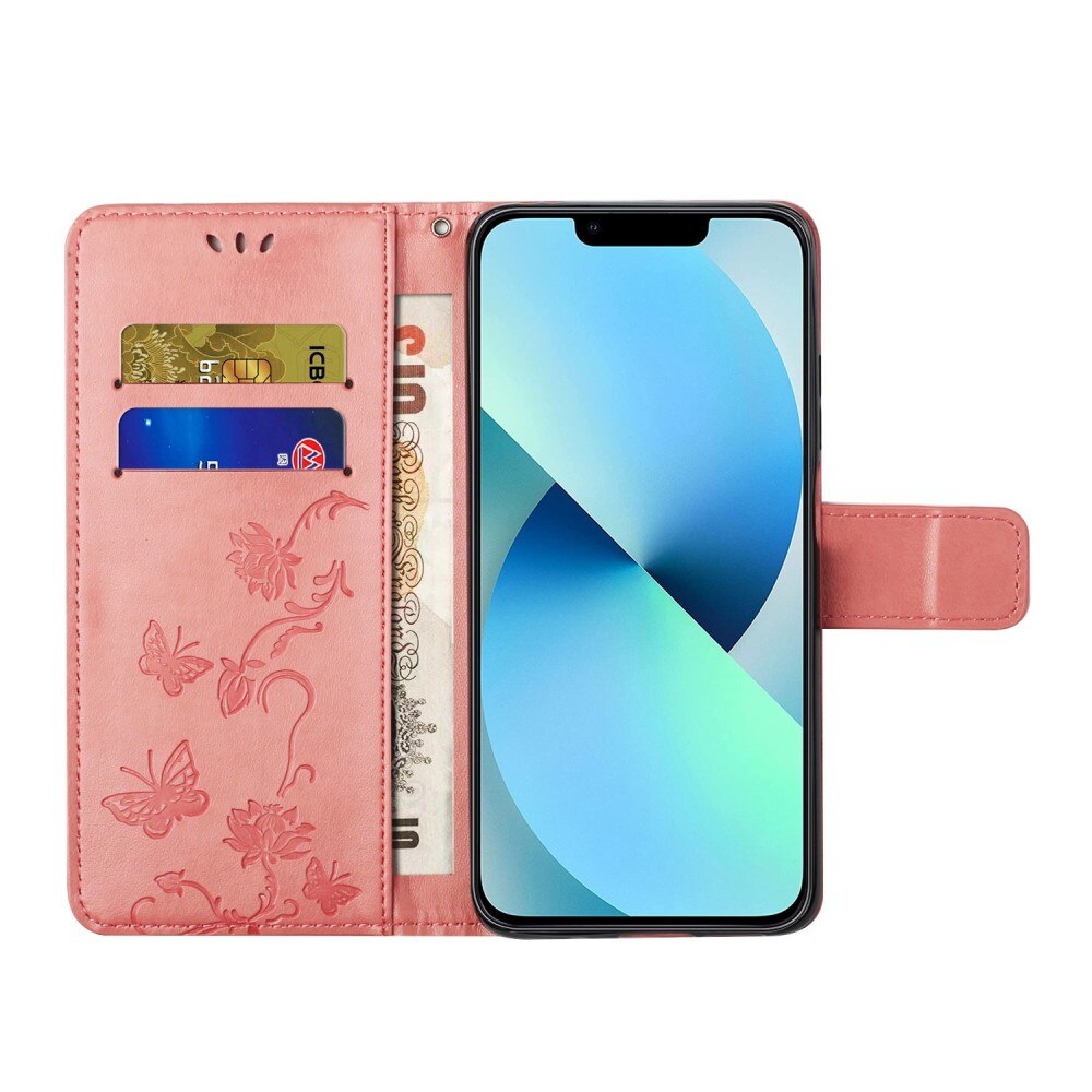 Funda de cuero con mariposas para iPhone 14, rosado