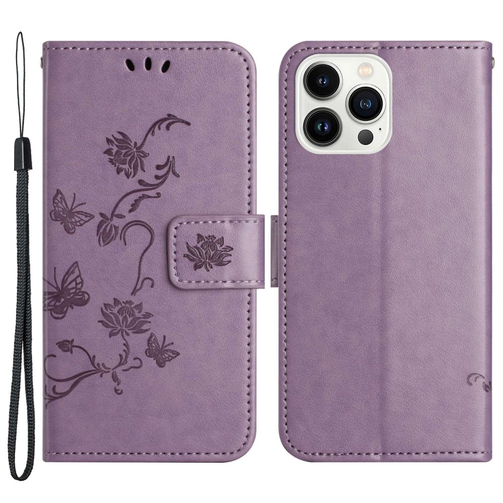 Funda de cuero con mariposas para iPhone 14 Pro, violeta