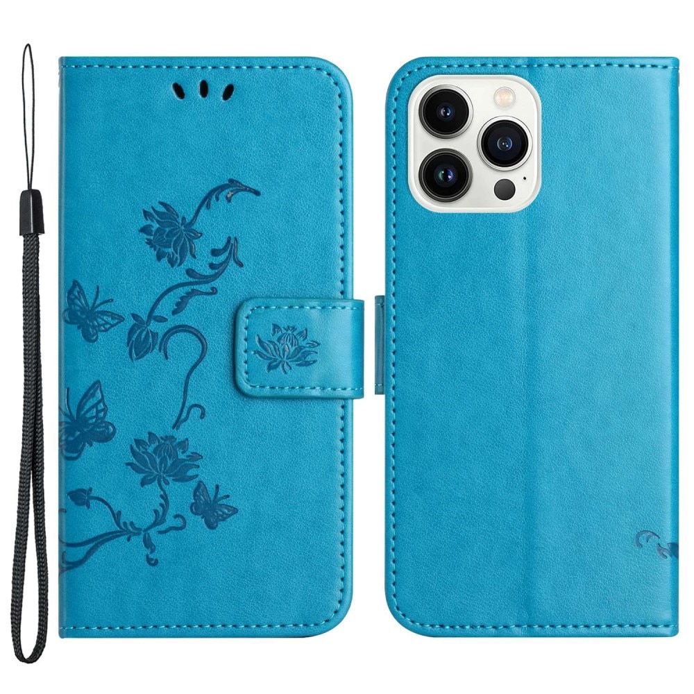 Funda de cuero con mariposas para iPhone 14 Pro, azul