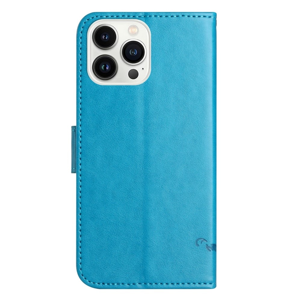 Funda de cuero con mariposas para iPhone 14 Pro, azul