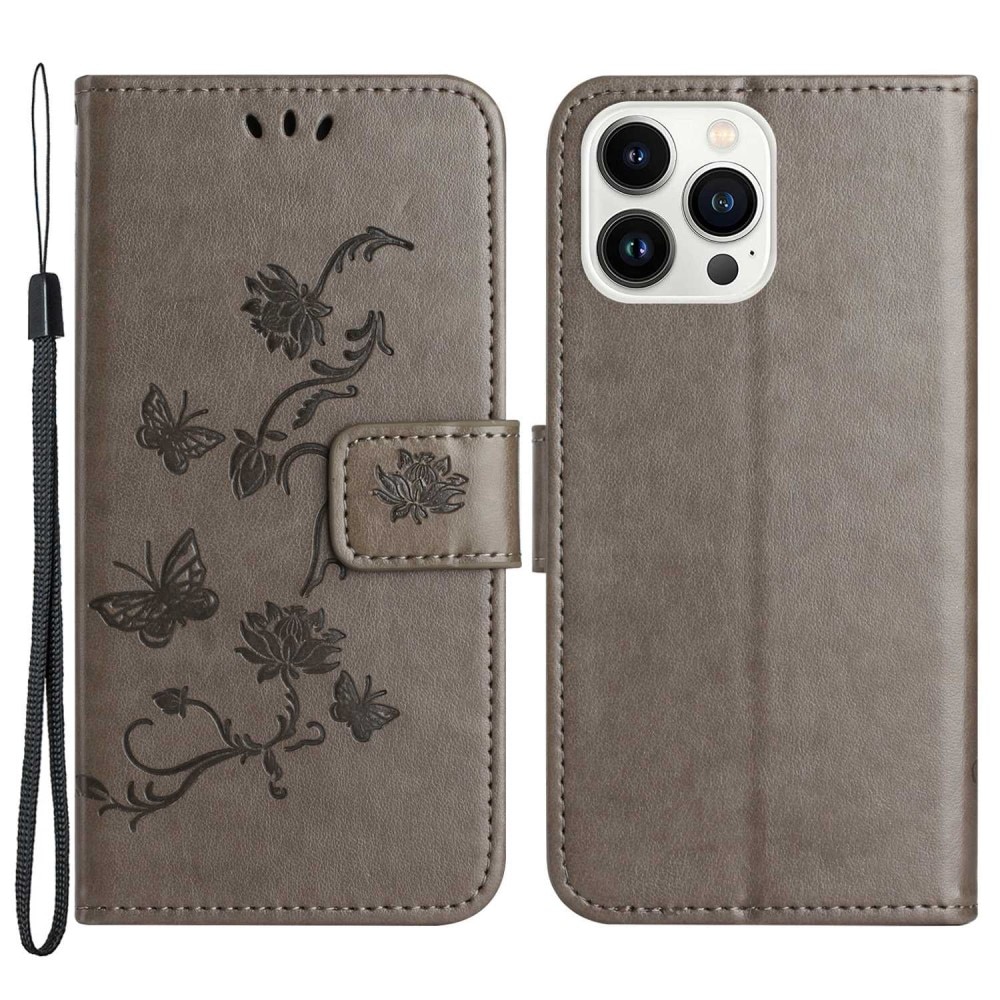 Funda de cuero con mariposas para iPhone 14 Pro, gris