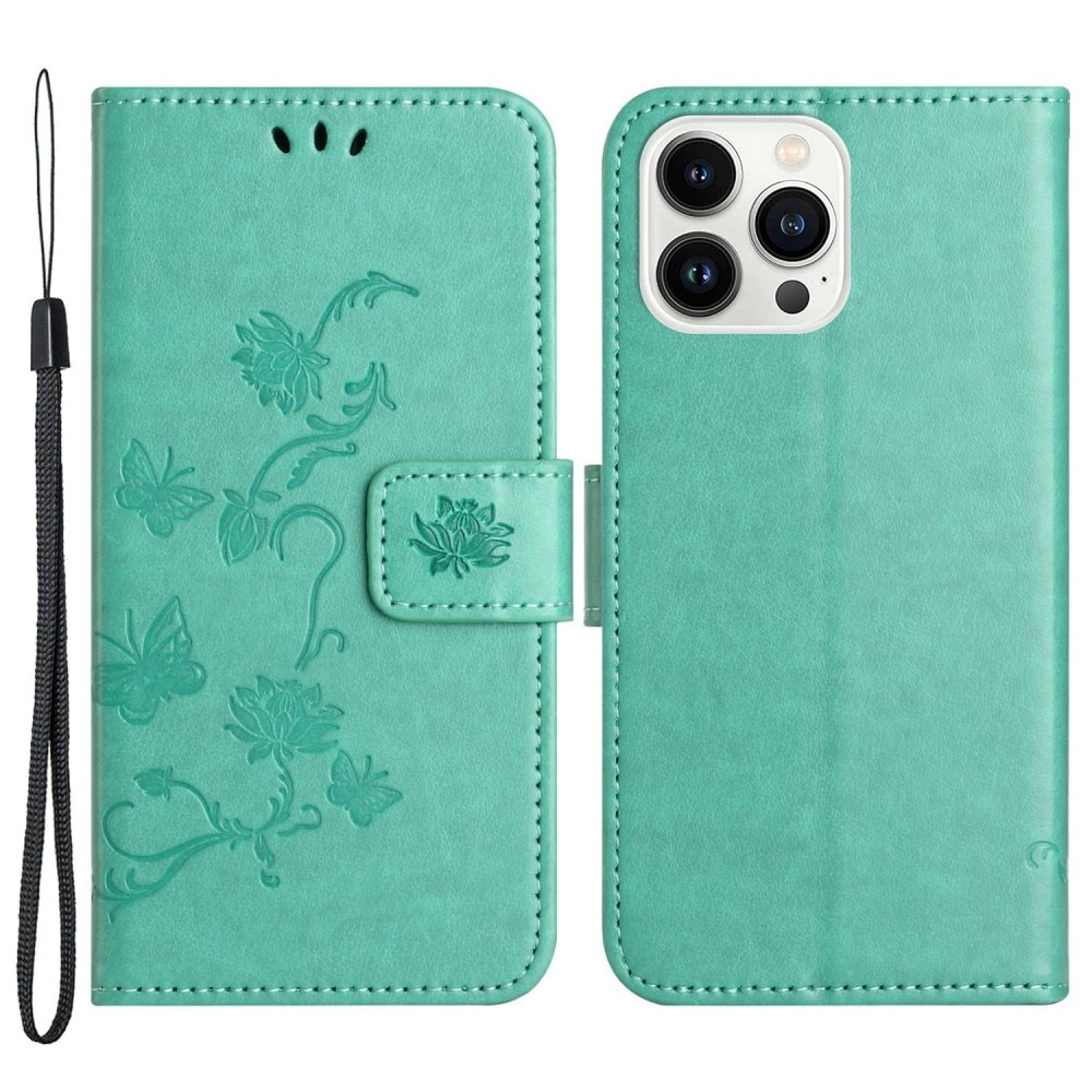 Funda de cuero con mariposas para iPhone 14 Pro, verde