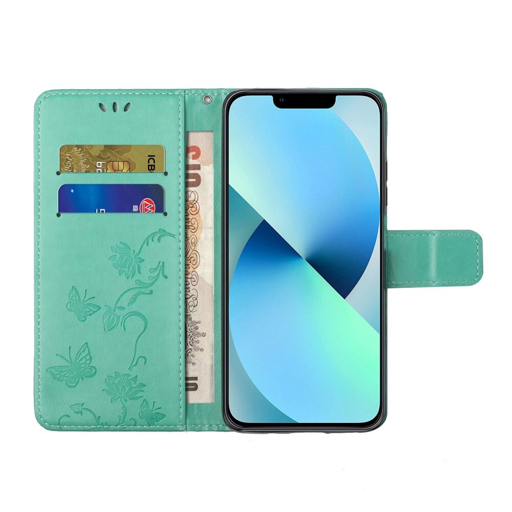 Funda de cuero con mariposas para iPhone 14 Pro, verde