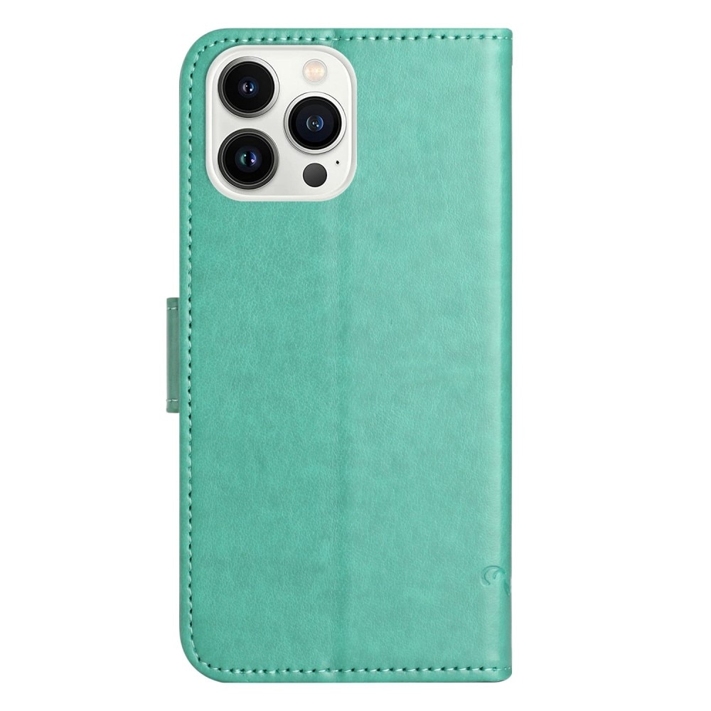 Funda de cuero con mariposas para iPhone 14 Pro, verde