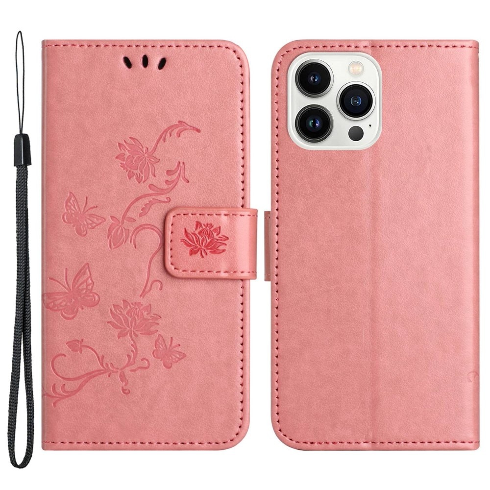 Funda de cuero con mariposas para iPhone 14 Pro, rosado