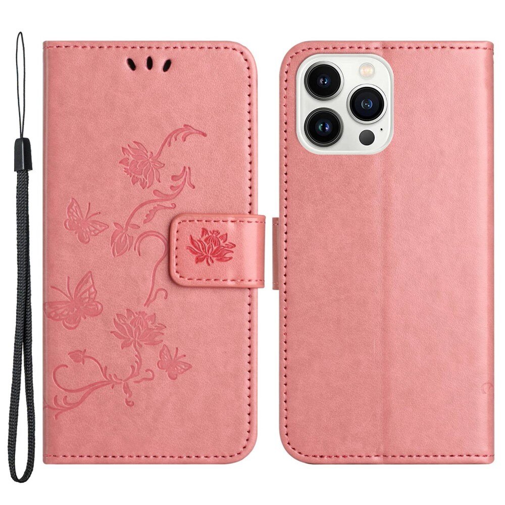 Funda de cuero con mariposas para iPhone 14 Pro, rosado