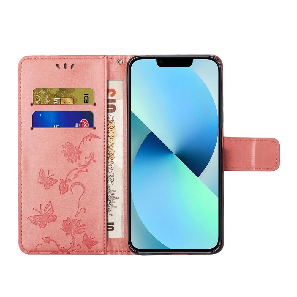 Funda de cuero con mariposas para iPhone 14 Pro, rosado