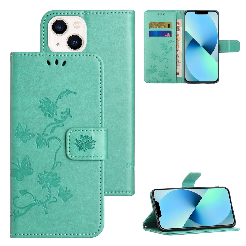 Funda de cuero con mariposas para iPhone 14 Plus, verde