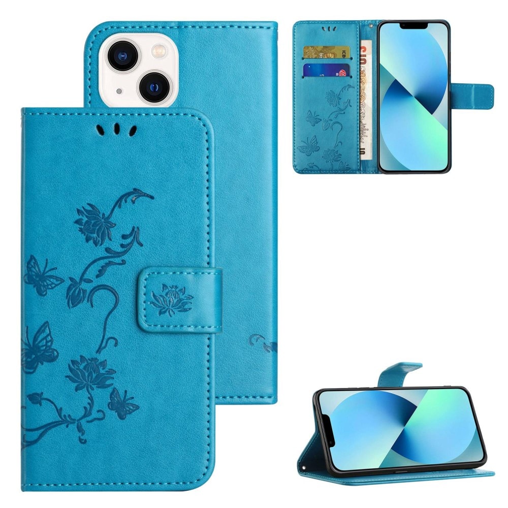 Funda de cuero con mariposas para iPhone 14 Plus, azul