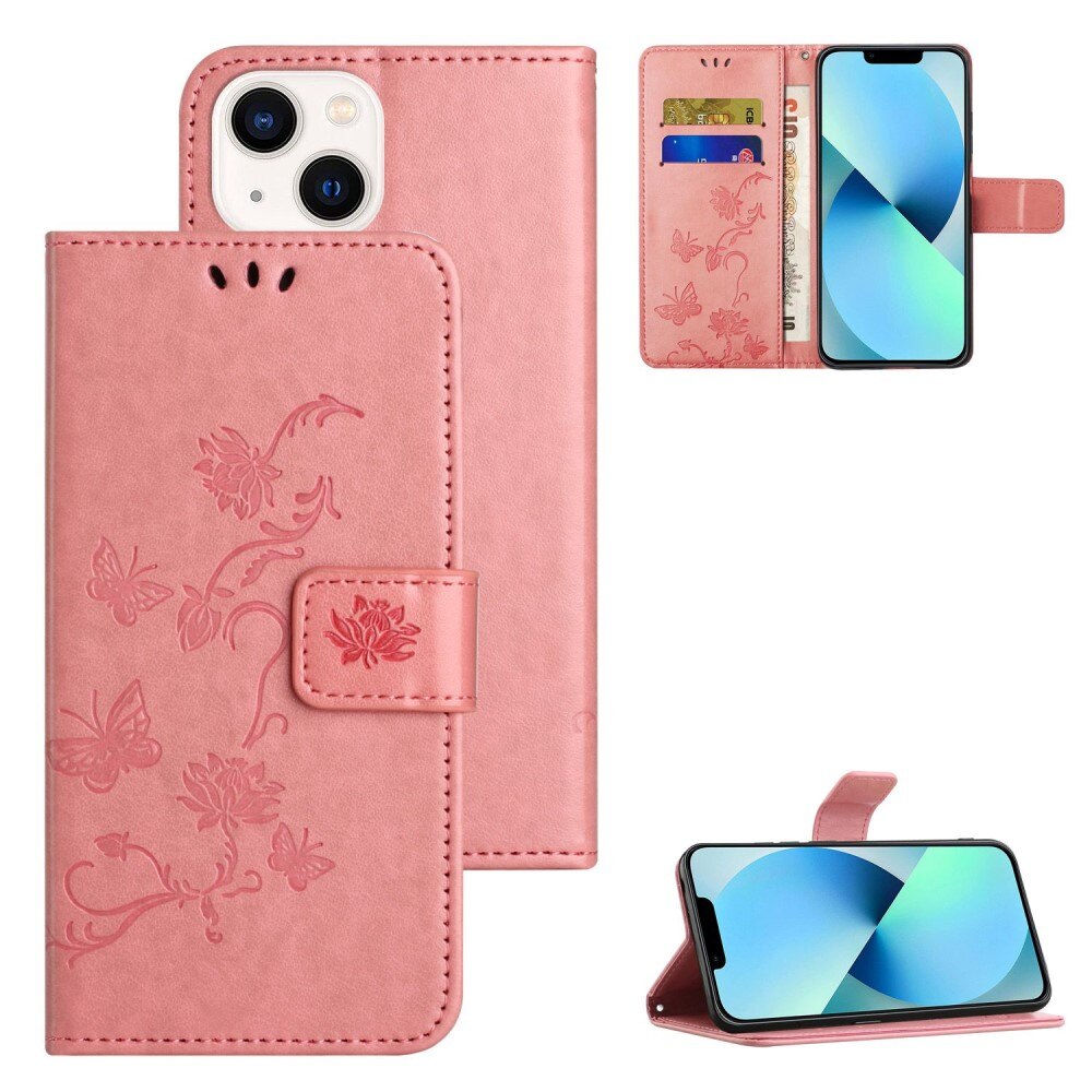 Funda de cuero con mariposas para iPhone 14 Plus, rosado