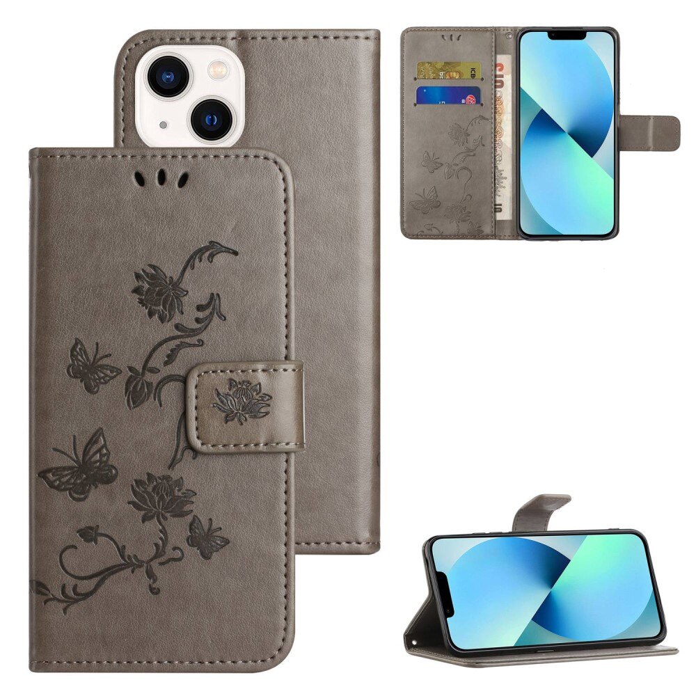 Funda de cuero con mariposas para iPhone 14, gris