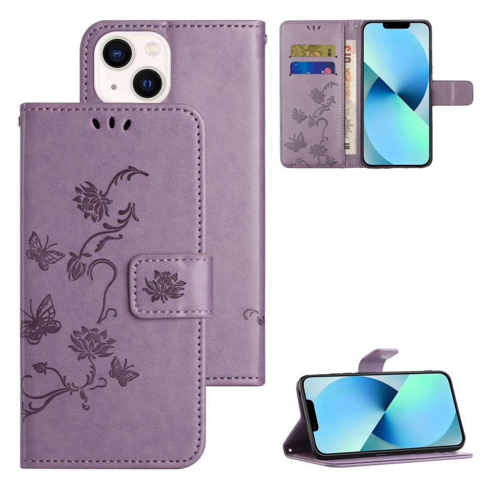 Funda de cuero con mariposas para iPhone 14 Plus, violeta