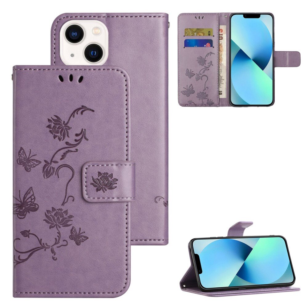 Funda de Cuero con Mariposas iPhone 14, Púrpura
