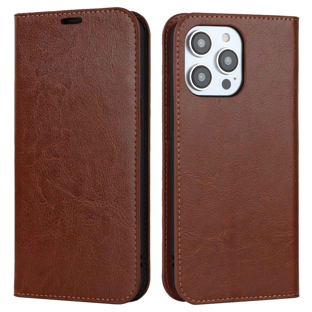 Funda cartera de cuero genuino iPhone 14 Pro Max Marrón
