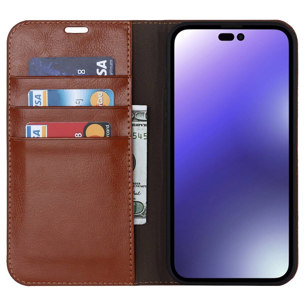 Funda cartera de cuero genuino iPhone 14 Pro Max marrón