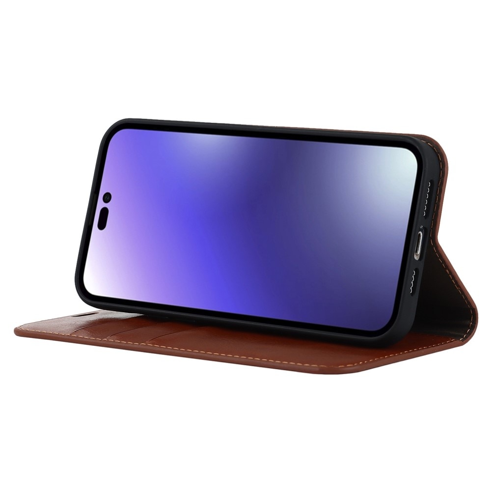 Funda cartera de cuero genuino iPhone 14 Pro Max Marrón