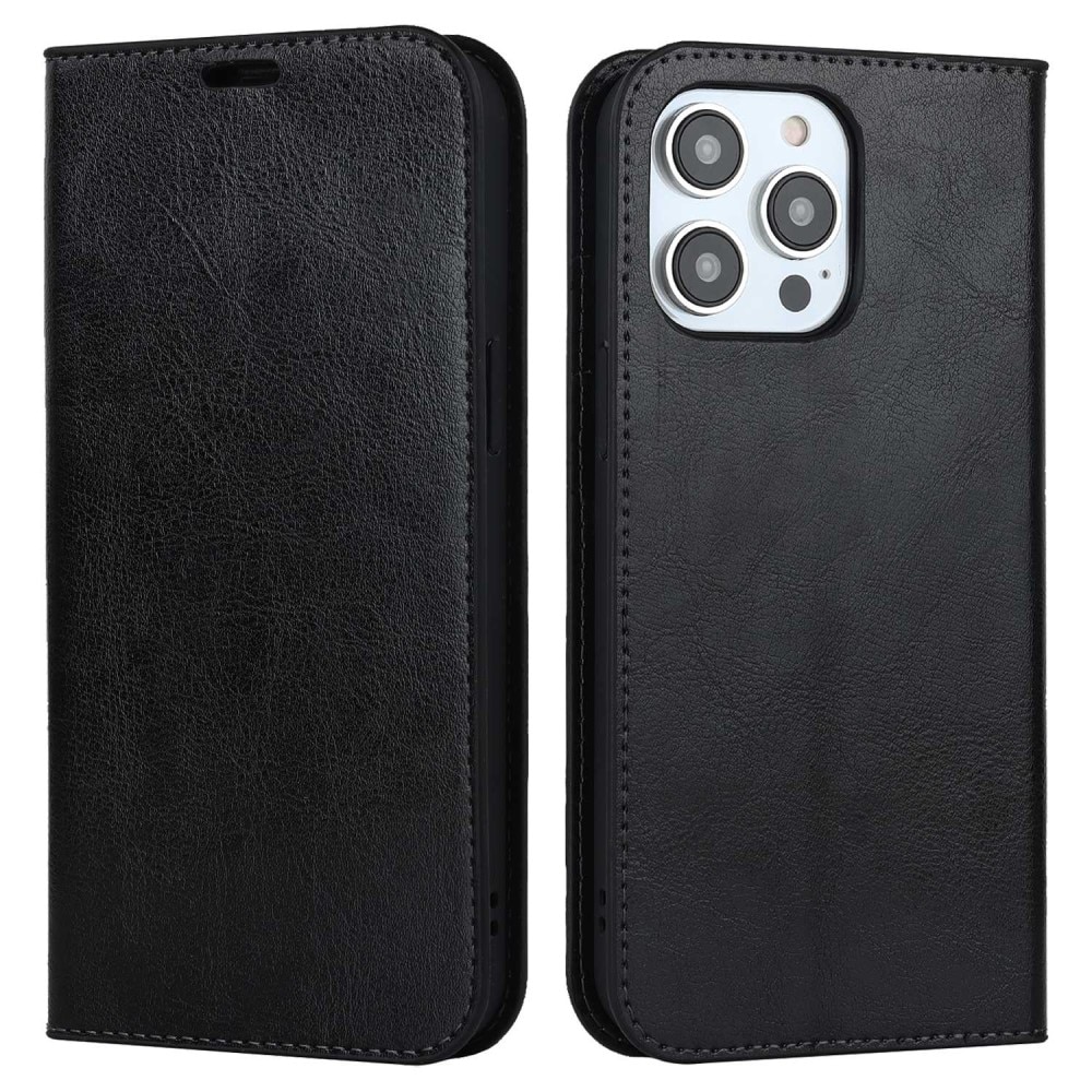 Funda cartera de cuero genuino iPhone 14 Pro Negro
