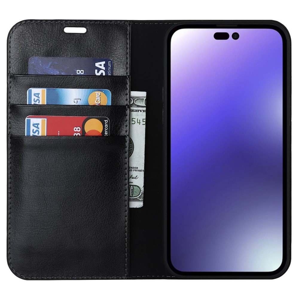 Funda cartera de cuero genuino iPhone 14 Pro Negro