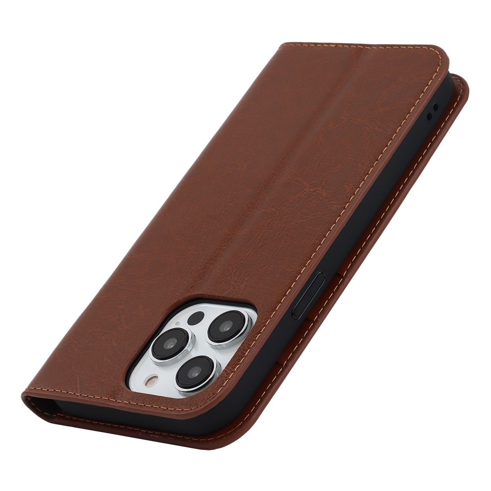Funda cartera de cuero genuino iPhone 14 Pro marrón