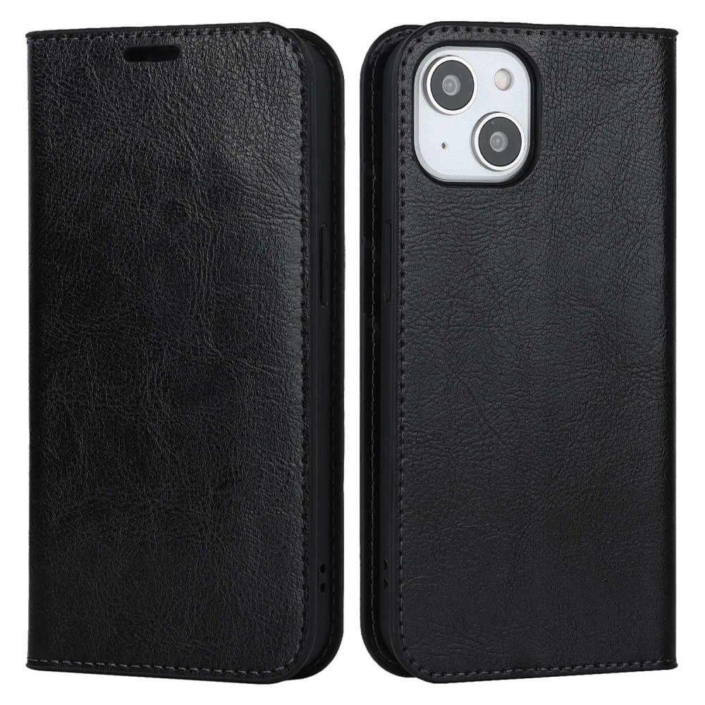 Funda cartera de cuero genuino iPhone 14 Negro