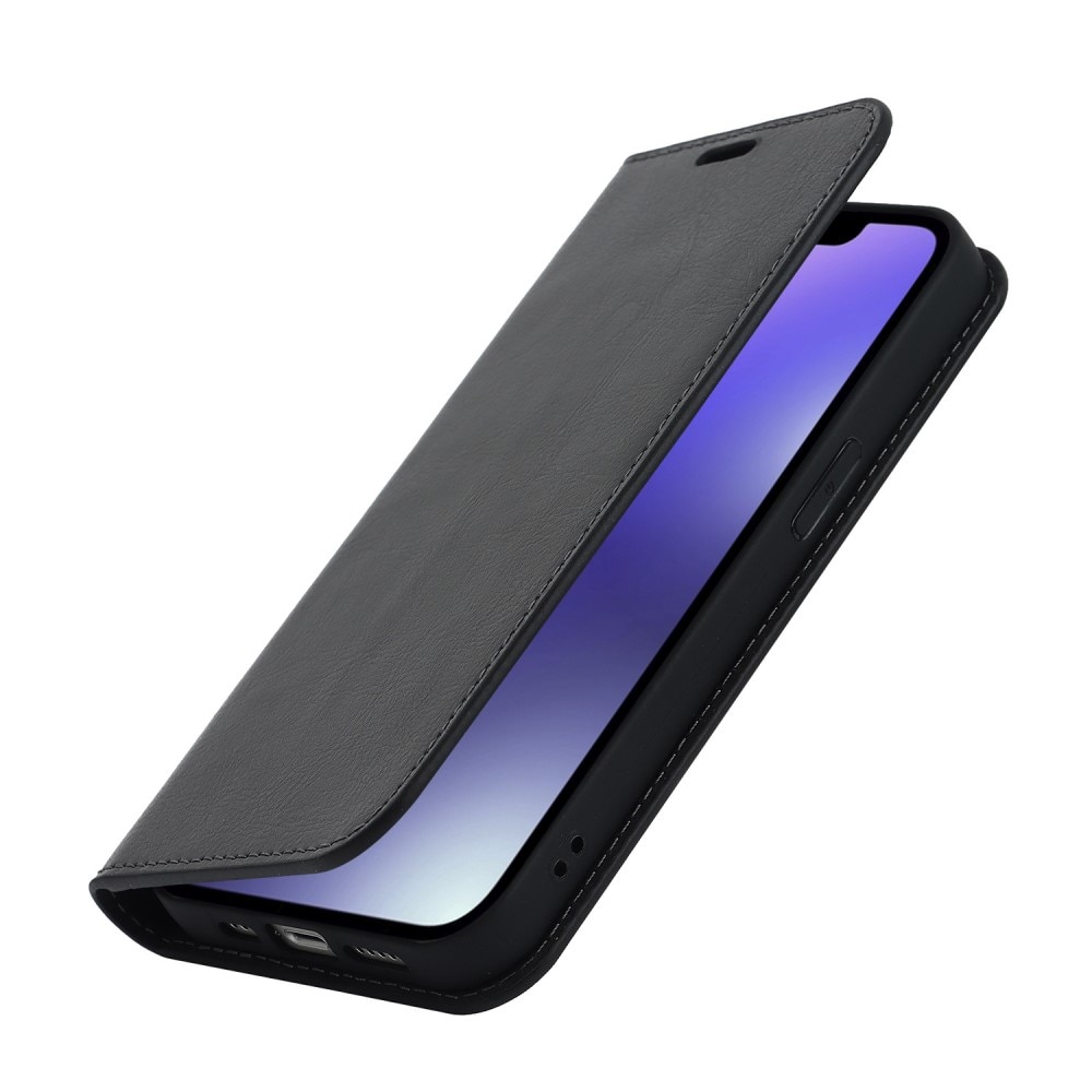 Funda cartera de cuero genuino iPhone 14 Negro