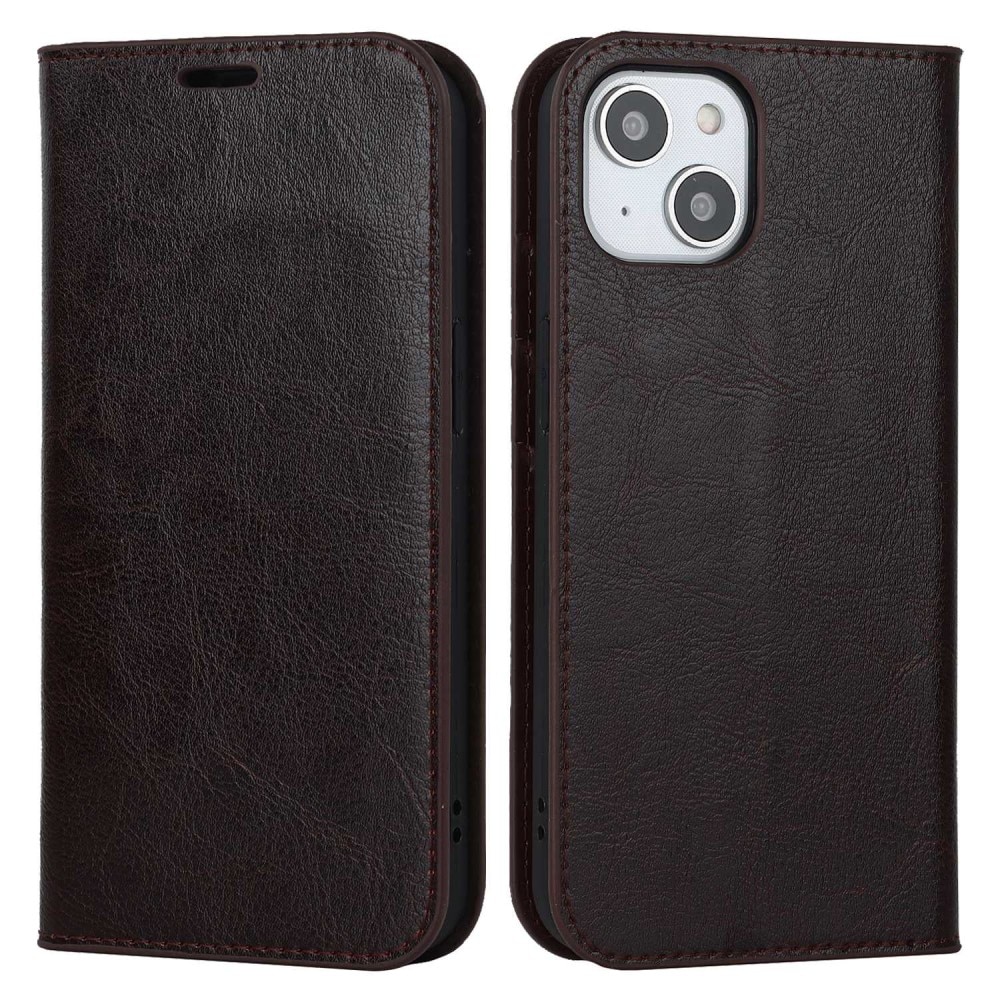 Funda cartera de cuero genuino iPhone 14 Marrón oscuro