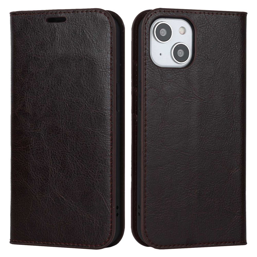 Funda cartera de cuero genuino iPhone 14 marrón oscuro