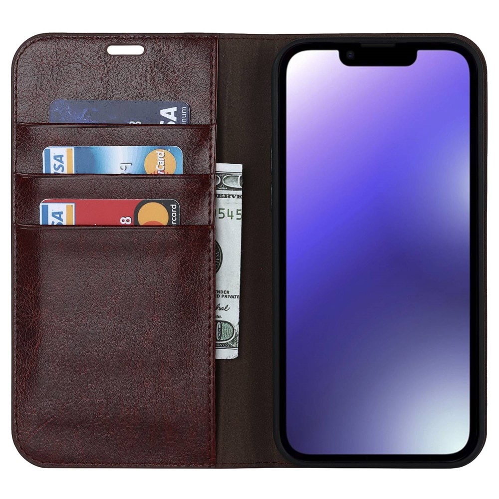 Funda cartera de cuero genuino iPhone 14 Marrón oscuro