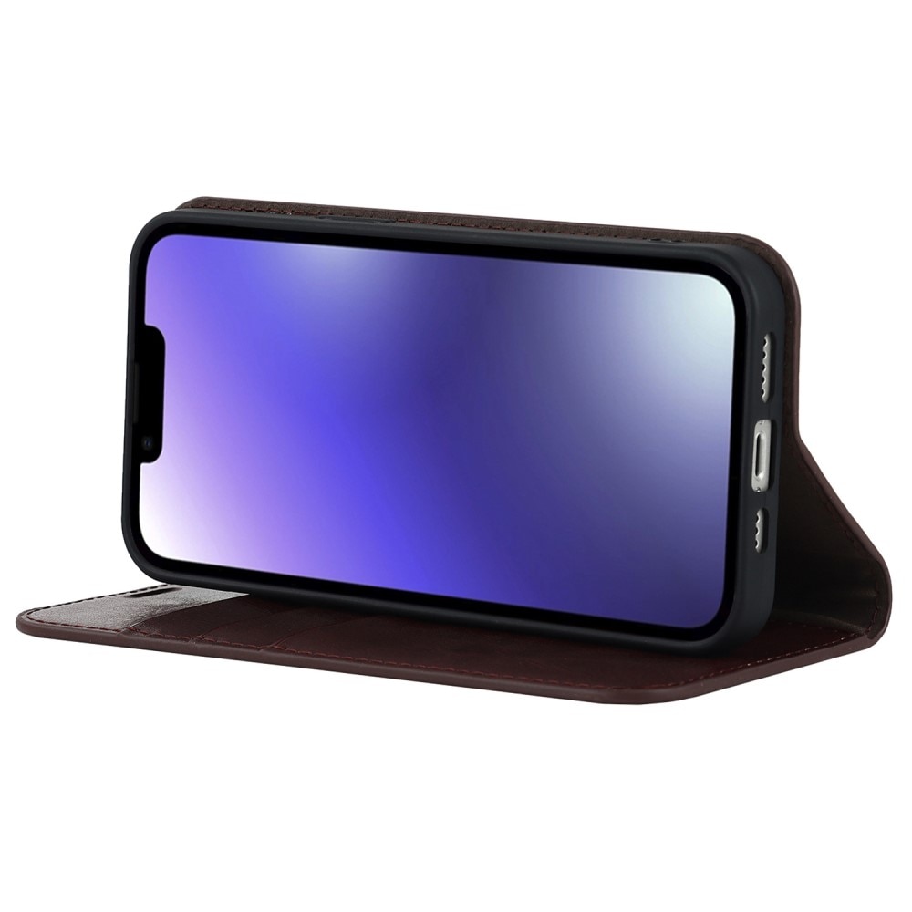 Funda cartera de cuero genuino iPhone 14 Marrón oscuro