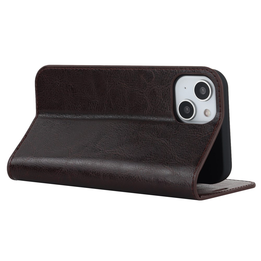 Funda cartera de cuero genuino iPhone 14 marrón oscuro