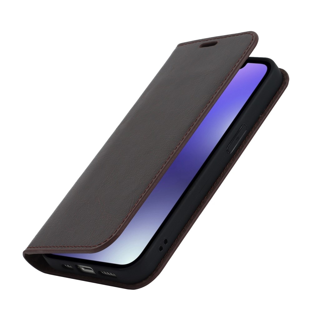 Funda cartera de cuero genuino iPhone 14 marrón oscuro