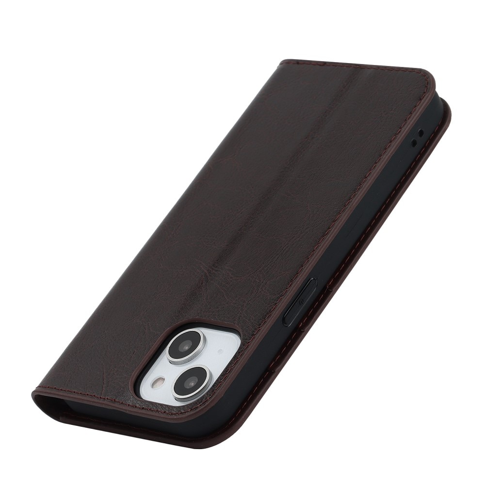 Funda cartera de cuero genuino iPhone 14 Marrón oscuro