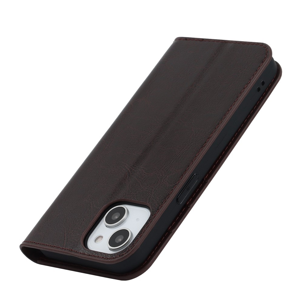 Funda cartera de cuero genuino iPhone 14 marrón oscuro