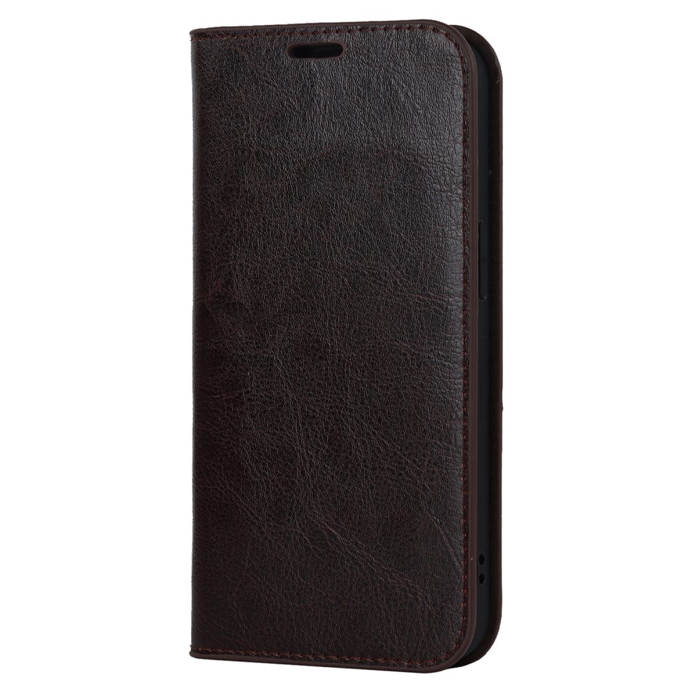 Funda cartera de cuero genuino iPhone 14 marrón oscuro