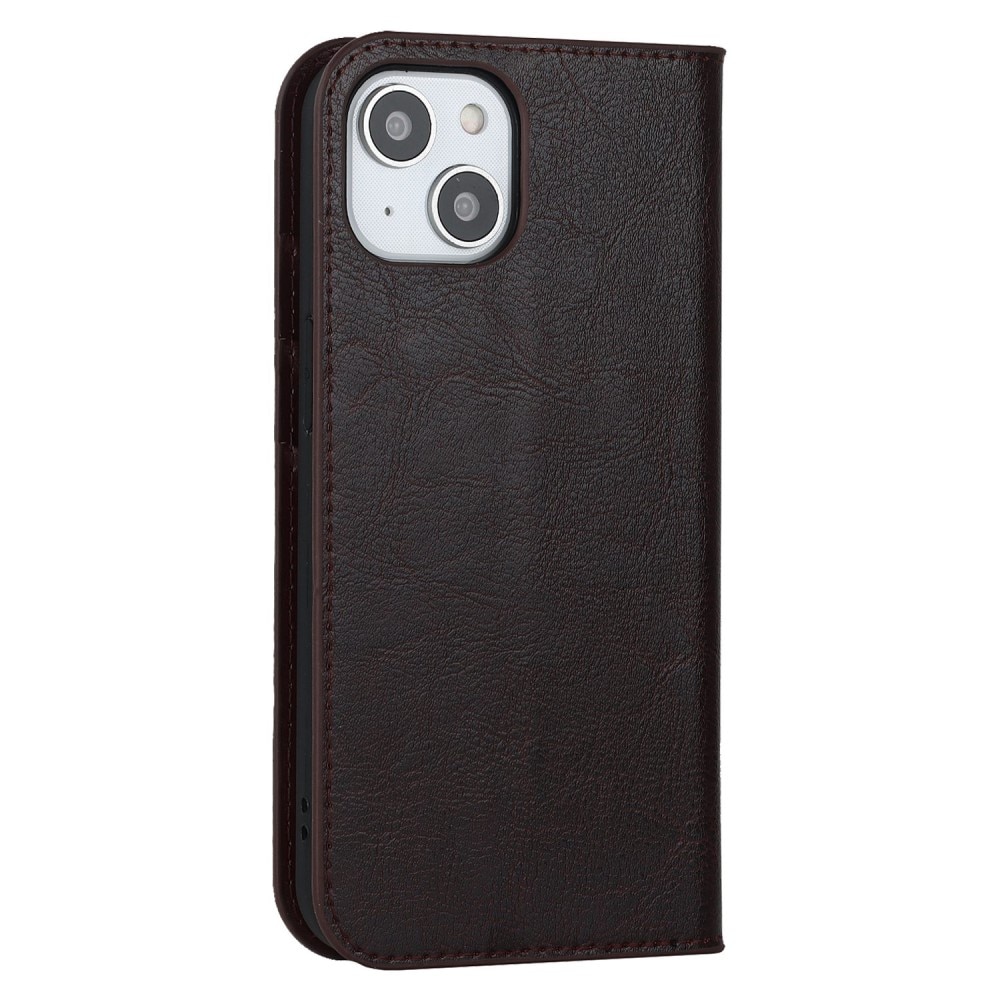 Funda cartera de cuero genuino iPhone 14 marrón oscuro