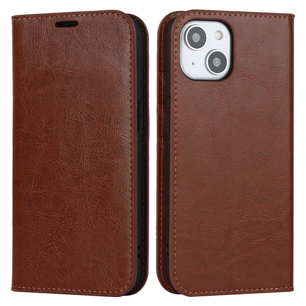 Funda cartera de cuero genuino iPhone 14 Marrón