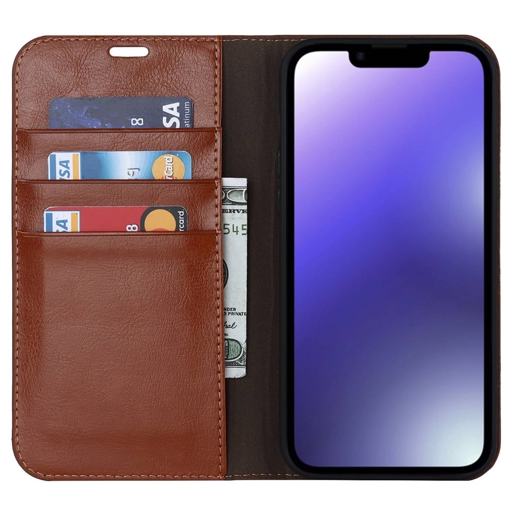Funda cartera de cuero genuino iPhone 14 Marrón