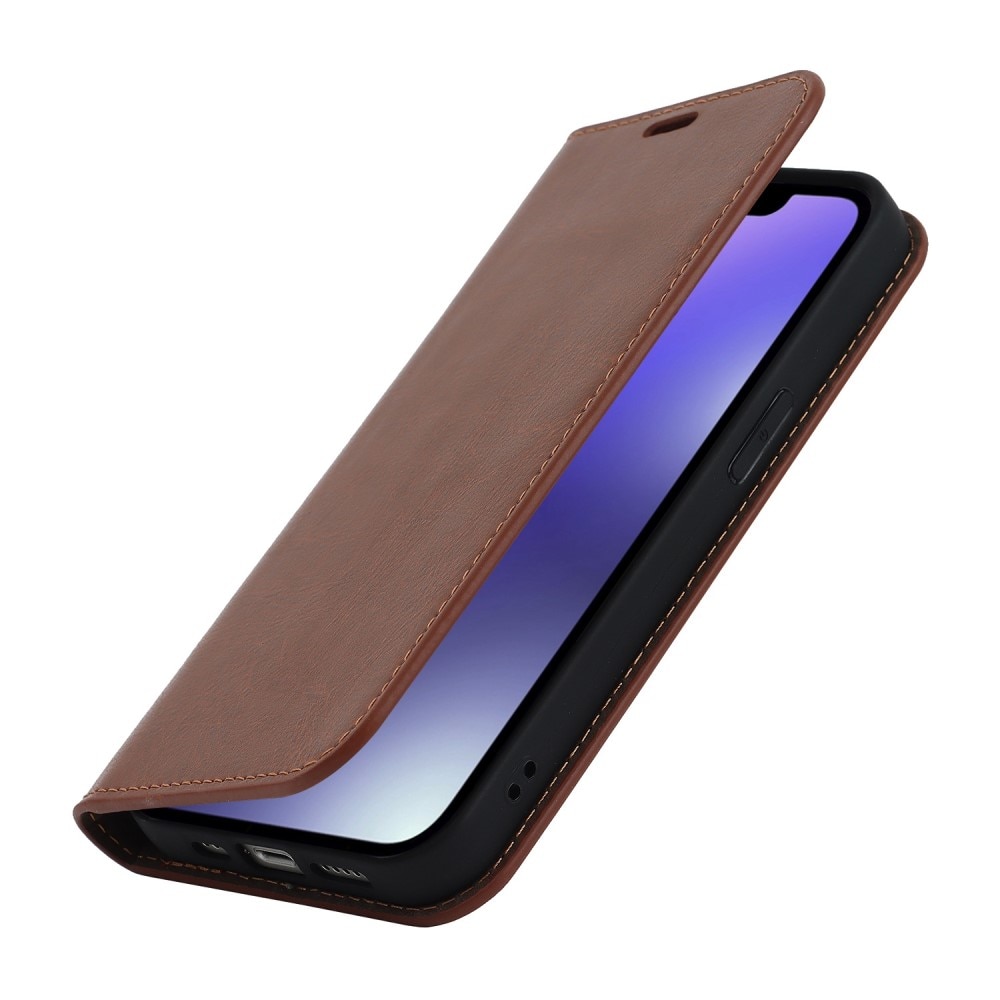 Funda cartera de cuero genuino iPhone 14 marrón