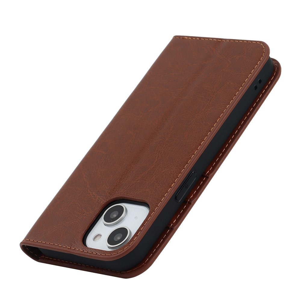 Funda cartera de cuero genuino iPhone 14 marrón